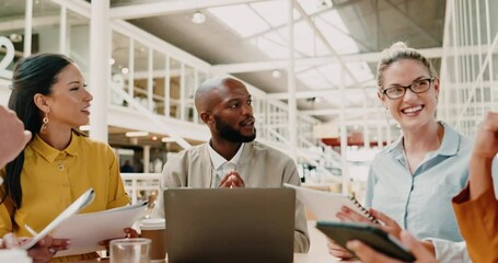 Business people, meeting and workshop in startup company, marketing agency and collaboration. Diversity, teamwork and communication with management, planning and working on goals, innovation or ideas