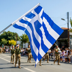 Greek flag waving in front of military parade in Limassol, Cyprus