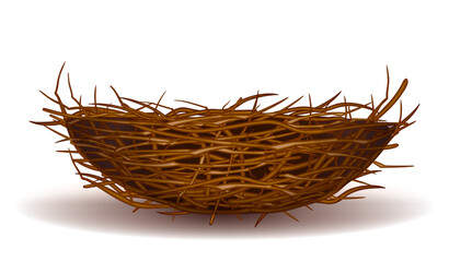 Empty bird's nest made of branches, design element for a merry Easter holiday - obrazy, fototapety, plakaty