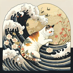 Ancient cat style, mythical creature, japanese mythology, illustration. Generative AI