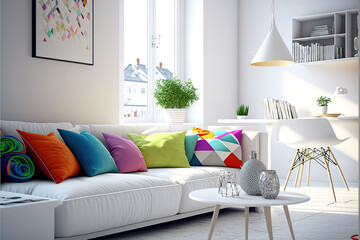 White living room in modern style with white furniture and colourful pillows.3d rendering