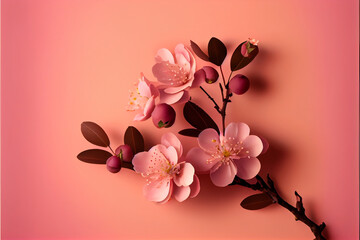 Single Pink Cherry Blossom on solid pink background