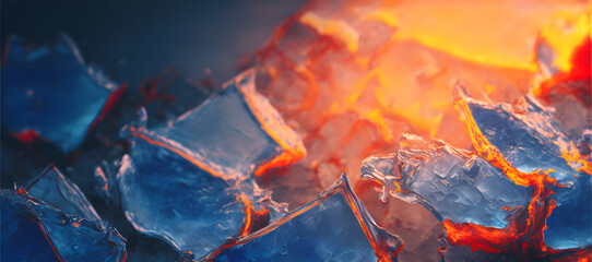 cold ice pieces melting in hot fire flame, blue red display background, concept,  illustration digital generative ai design art style
