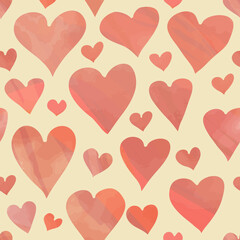 Fototapeta na wymiar Watercolor painted pink hearts, vector seamless pattern.