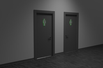 glowing green WC signs on dark toilet doors. 3d render