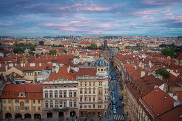 Fototapeta na wymiar Aerial view of Malostranske Namesti Square at sunset with Lesser Town Bridge Tower - Prague, Czech Republic
