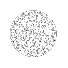 Floral frame circle line art on white background. Sprigs and leaves in circle  form outline