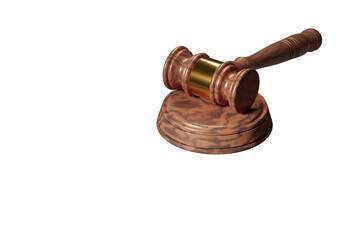 wooden gavel with gold clip for the auction on stand. Isolated on transparent. 3d render - obrazy, fototapety, plakaty