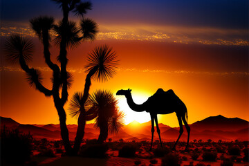 Silhouette of a camel during sunset in a desert Generative AI
