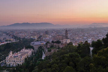 Aerial view of the Cathedral of Malaga at dusk