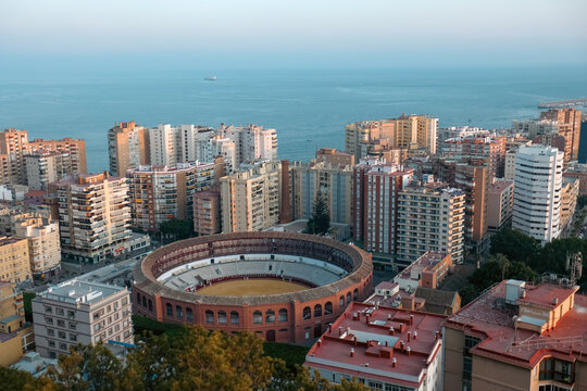 Aerial view of plaza de toros in Malaga, Spain - creative edit, urbanisation concepts