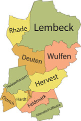 Pastel flat vector administrative map of DORSTEN, GERMANY with name tags and black border lines of its districts
