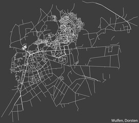 Detailed negative navigation white lines urban street roads map of the WULFEN DISTRICT of the German town of DORSTEN, Germany on dark gray background
