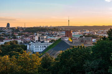 Aerial view of Vilnius at dusk from three crosses hill in Vilnius, Lithuania