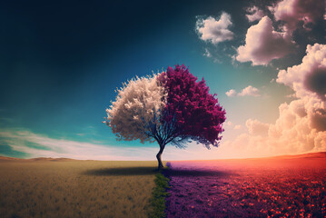 Obraz na płótnie Canvas Beautiful Flower Meadow in Spring with a Single Tree and Blue Sky, Generative AI
