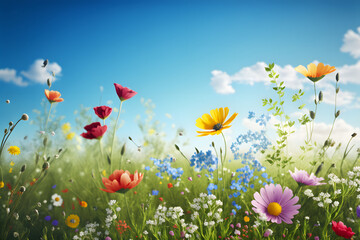 Spring in Full Bloom: A Flower Meadow with a Blue Sky as a Perfect Background, Generative AI