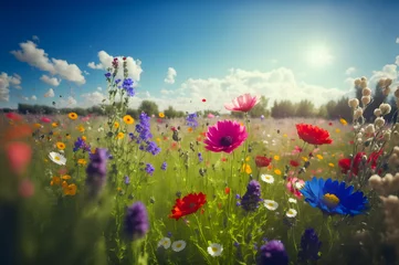 Fototapete Rund A Springtime Escape: The Beauty of a Flower Meadow with a Blue Sky, Generative AI © Forge Spirit