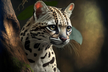 Close up portrait of a margay in the forest, Generative AI
