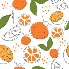 Seamless pattern on handmade abstract fruit drawings. Contemporary artistic design of oranges fruit for backgrounds, cards, wrappers and wallpapers