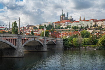 Fototapeta na wymiar Manes Bridge and Vltava River with Prague Castle Skyline - Prague, Czech Republic