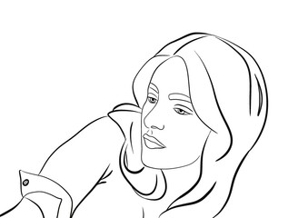 Illustration d’un portait d’une jeune fille endormie aux cheveux long. Dessin minimaliste au contour noir. Image lier à la femme, la mode et au cosmétique, icône de marque de luxe