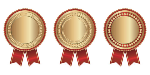 Set of realistic 3d Champion gold and red award trophy empty medals with ribbons for winner. Vector illustration.