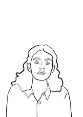 Illustration d’un portait d’une jeune fille aux cheveux long ondulé. Dessin minimaliste au contour noir. Image lier à la femme, la mode et au cosmétique, icône de marque de luxe