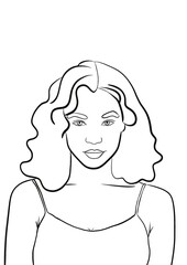 Illustration d’un portait d’une jeune fille afro-américaine aux cheveux long bouclé. Dessin minimaliste au contour noir. Image lier à la femme, la mode et au cosmétique, icône de marque de luxe