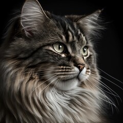 Portrait of long-haired cat with realistic fur and expressive eyes. Close up.