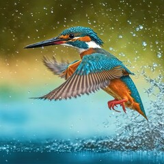 Hummingbird flying and splashing over water. Profile view. 3d illustration.