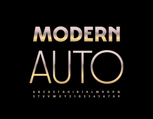 Vector advertising logo Modern Auto. Trendy Metallic Font. Chic Alphabet Letters and Numbers.