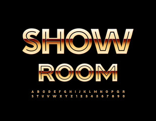 Vector premium sign Showroom. Elegant Golden Font. Luxury Alphabet Letters and Numbers set