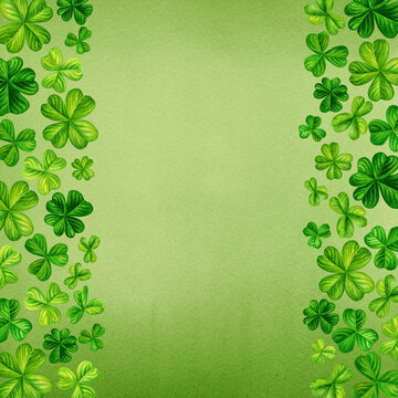 Watercolor hand drawn four leaf clover borders for St. Patrick's Day for good luck. Element isolated on white background