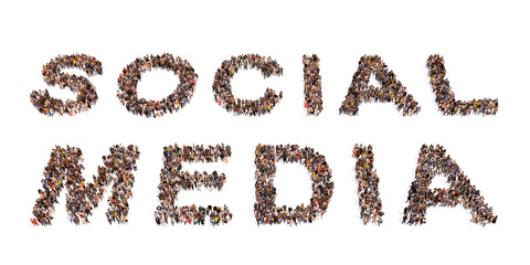Concept conceptual large community of people forming SOCIAL MEDIA word. 3d illustration metaphor for communication and connection, networking and technology, advertising, global and worldwide