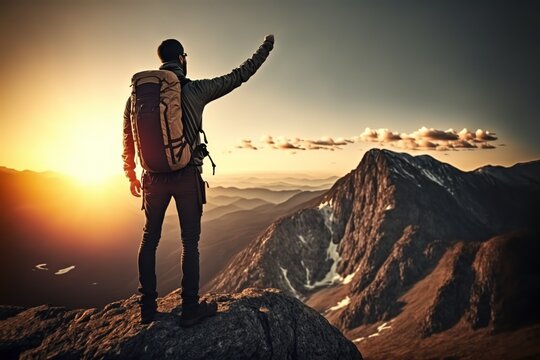 Successful man hiking mountains at sunset - Hiker with backpack pointing the sky with finger stock photo Determination, Decisions, Mountain, Strength, Climbing