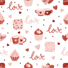 Valentine s Day seamless pattern with hand drawn elements on bright background. Flower, letter, coffee. Background for gift wrapping or fabric design.