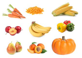 Set with many different fruits, vegetables and pile of lentils on white background