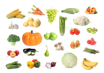 Healthy diet. Set with many different fruits and vegetables on white background
