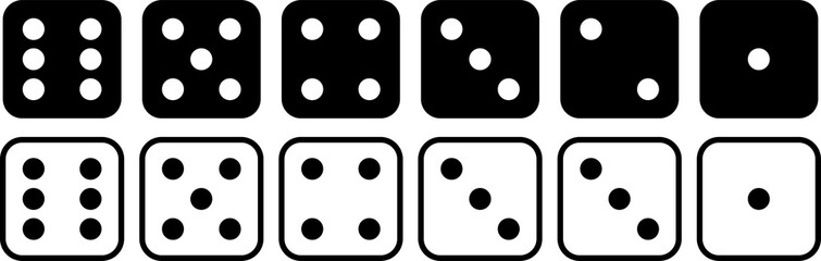 Game dice icons. Collection in flat and linear design from one to six. PNG image