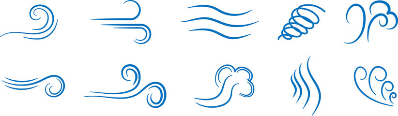 Wind icon set in blue color. PNG image