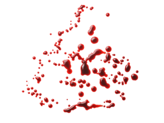 Blood drops close up. Top view isolated png with transparency