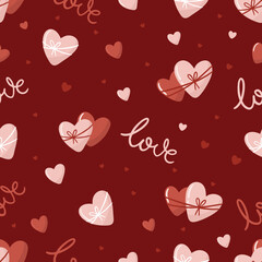 Valentine s Day seamless pattern with hand drawn elements on bright background. Flower, letter, coffee. Background for gift wrapping or fabric design.