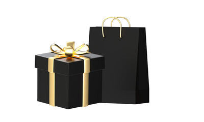 Giftbox with gold ribbon and shopping bag. Gift. Premium.