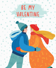 Flat hand drawn valentines day greeting card. Loving couple of young man and woman