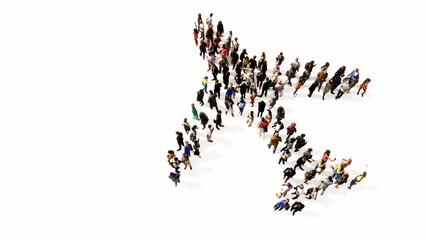 Concept conceptual large community of people forming the airplane sign. 3d illustration metaphor for modern, fast, comfortable and  secure transportation, holiday and business