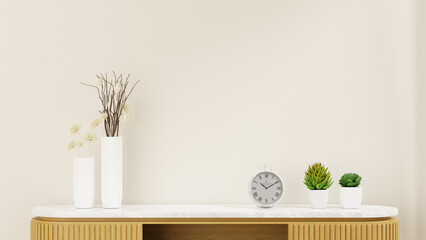 3D rendering Dried Flower White Ceramic Vase, White Clock, Cactu