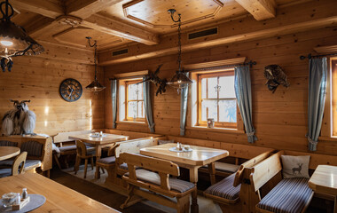 Spacious reception room in the mountain restaurant of the Austrian ski resort