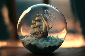 a sailing ship caught in a storm trapped inside a small glass sphere