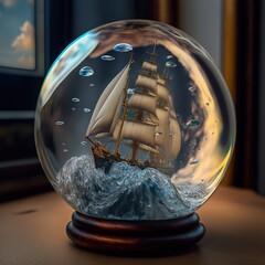 a sailing ship caught in a storm trapped inside a small glass sphere