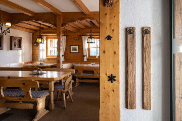 View from the entrance to the restaurant hall of the Austrian mountain hut
